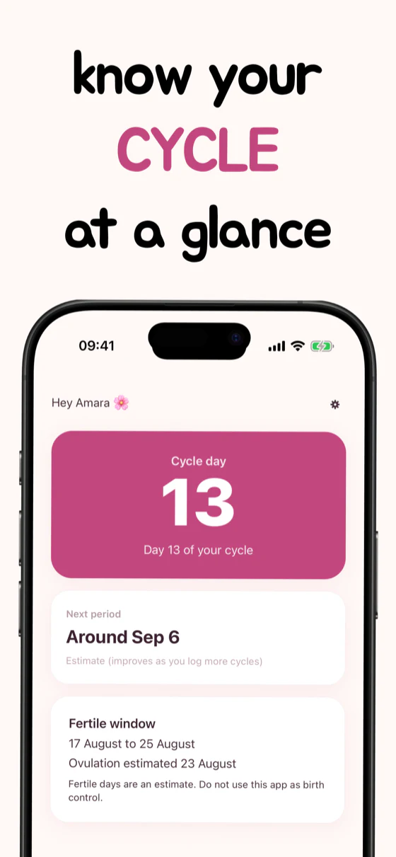 Know your cycle at a glance: the Today screen showing cycle day 13, the next period estimate and the fertile window.