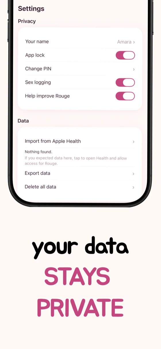 Your data stays private: the privacy settings screen with app lock, PIN, sex logging and data export.